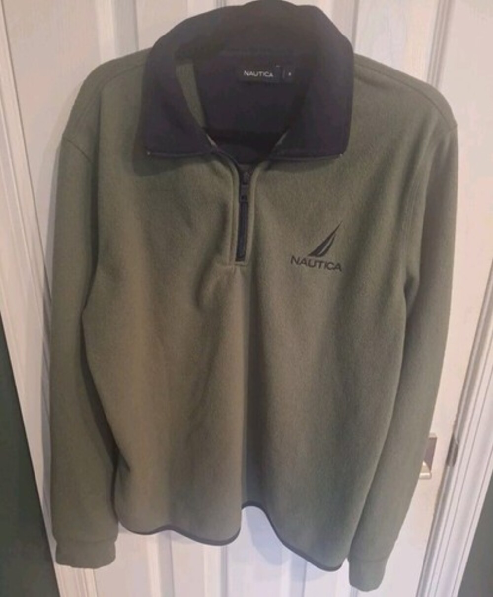 Nautica Men's Olive Green, Navy Blue Trim Fleece Pullover 1/4 Zip Size Medium M
